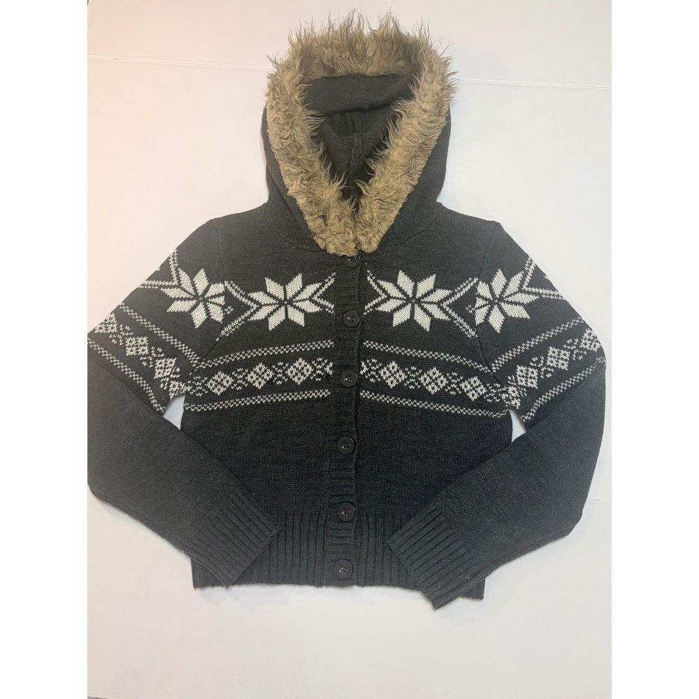 Sweater Project Nordic Fair Isle Faux Fur Hoodie Cardigan Size L  Dark Academia